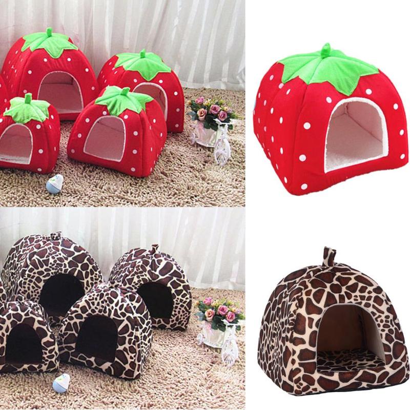 Strawberry Leopard Tent Kennel Warm Cushion Basket