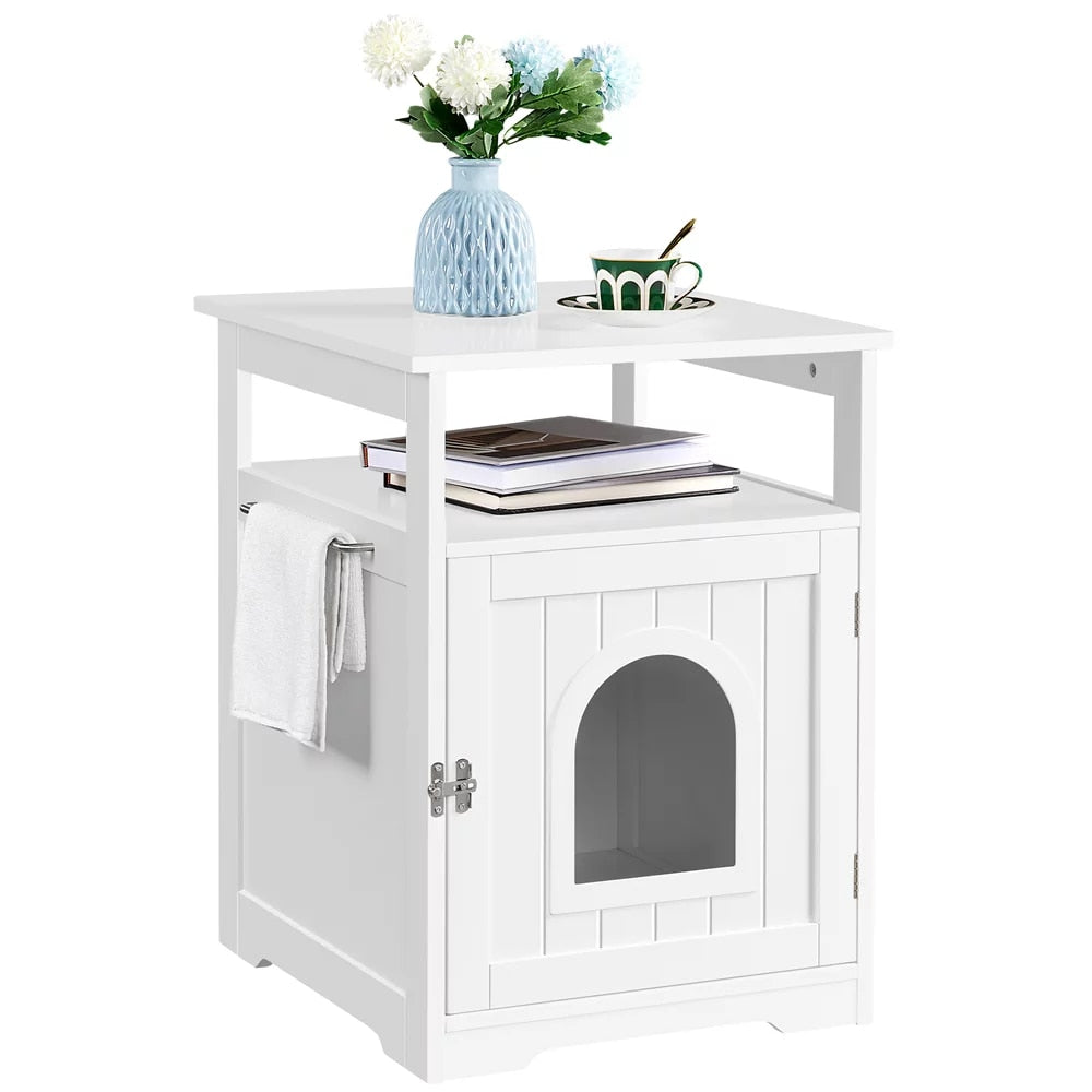 Wooden Cat Litter Box End Table White Cat