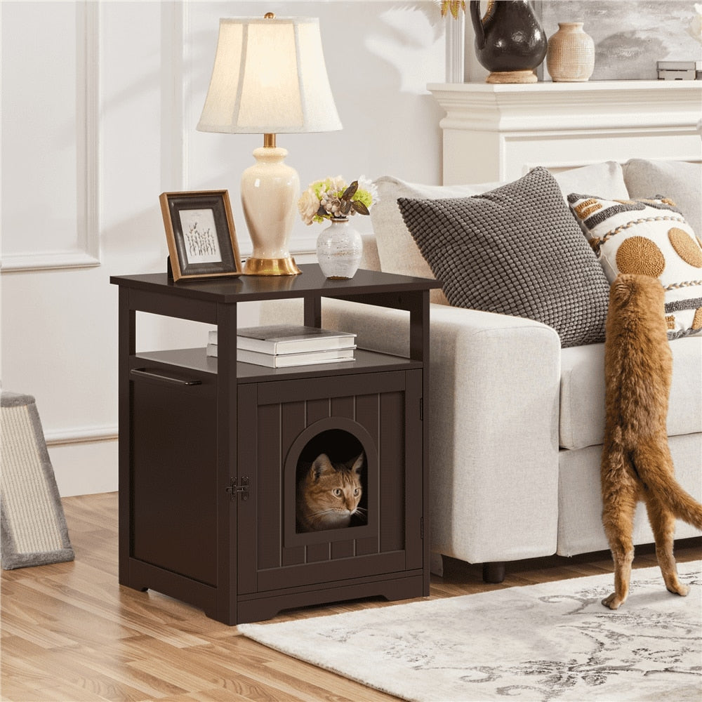 Wooden Cat Litter Box End Table White Cat