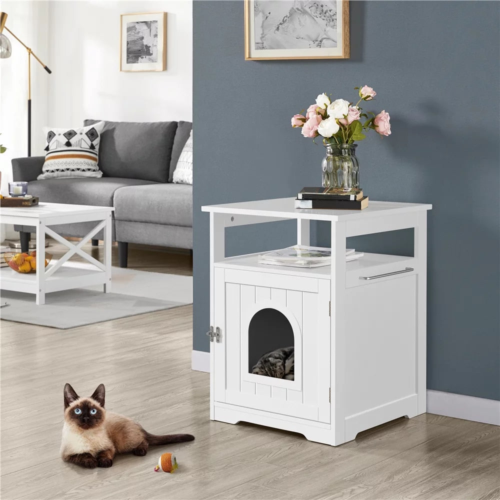 Wooden Cat Litter Box End Table White Cat