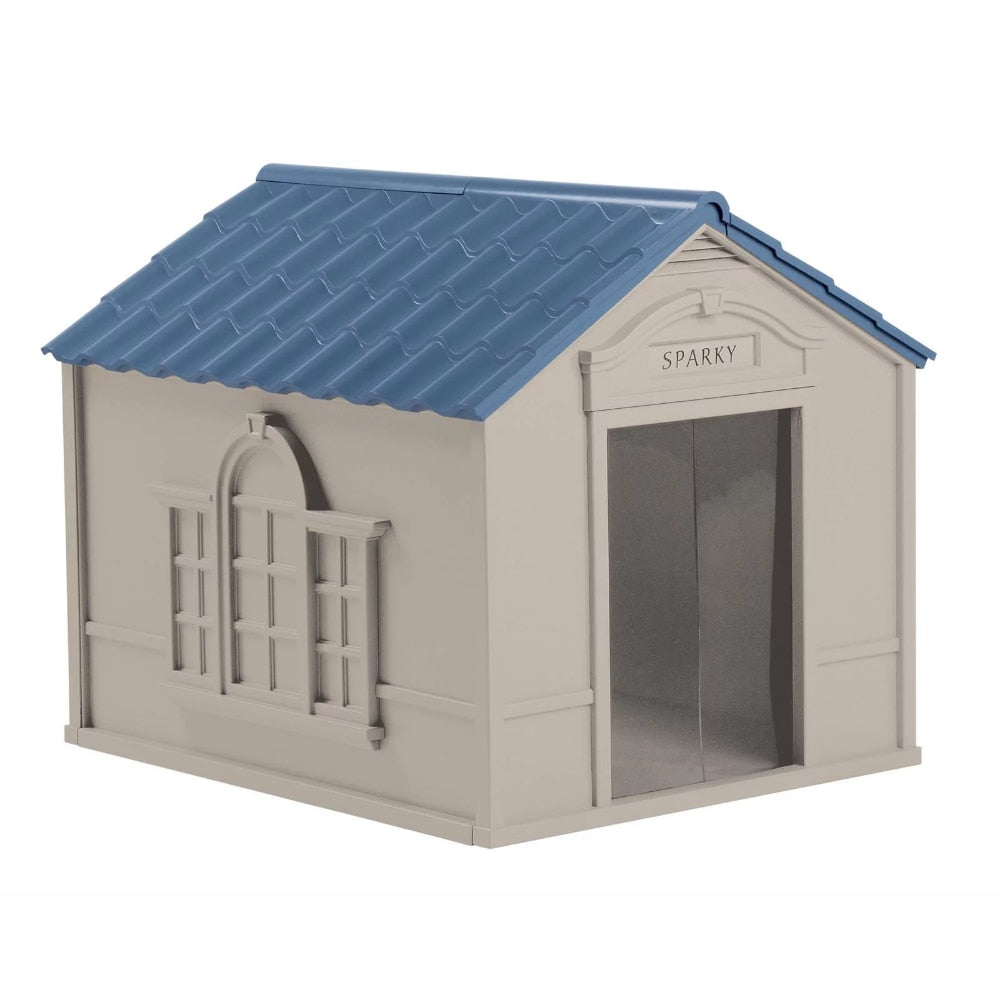 BOUSSAC Deluxe Indoor & Outdoor Dog House Tan/Blue.