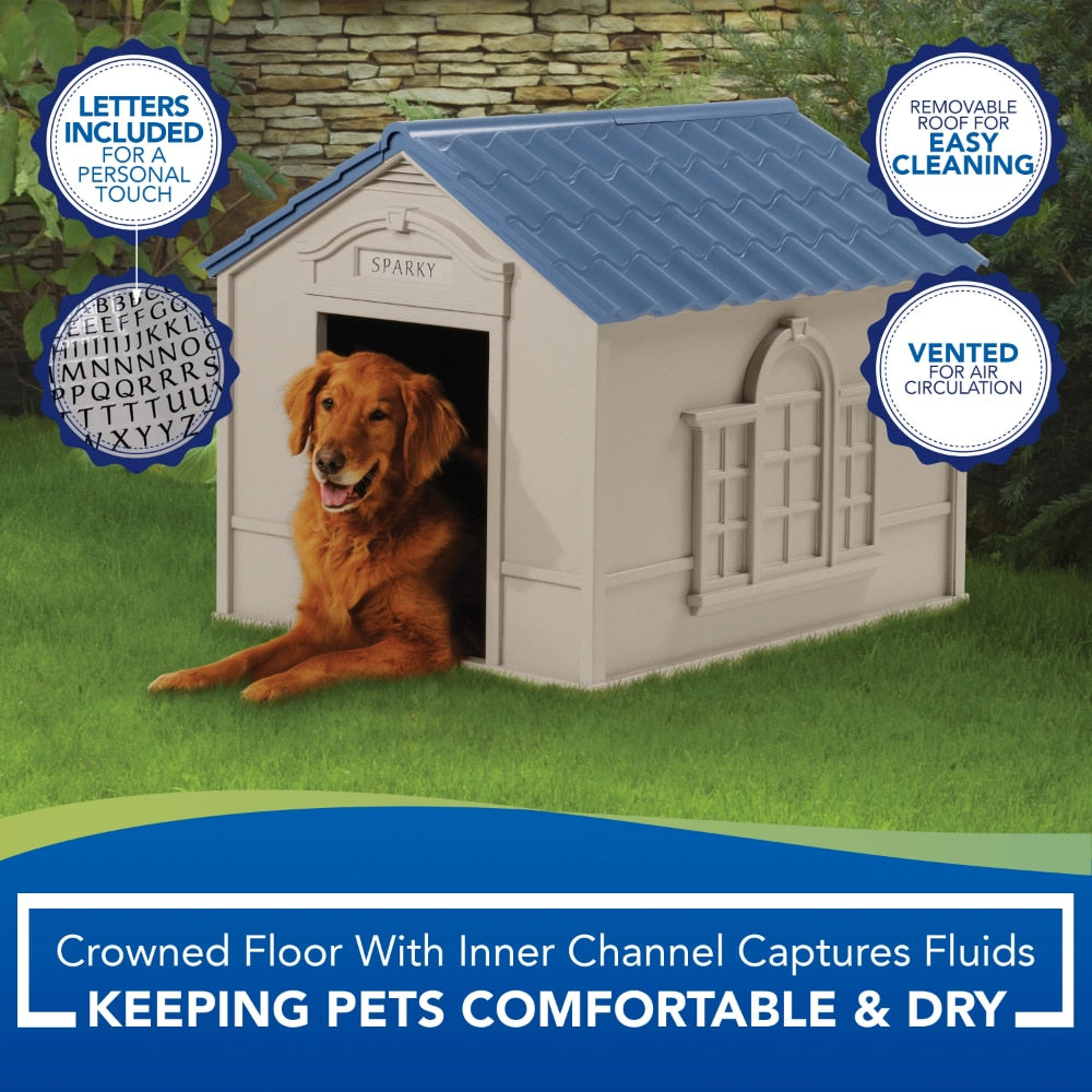 BOUSSAC Deluxe Indoor & Outdoor Dog House Tan/Blue.