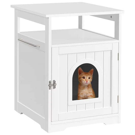 Wooden Cat Litter Box End Table White Cat